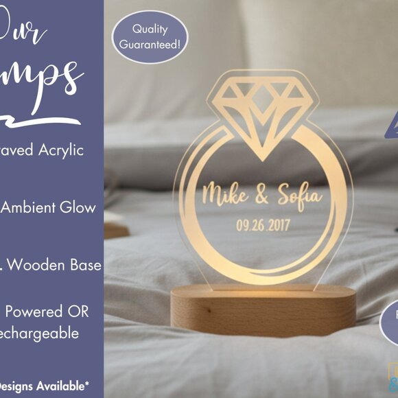 Couples Engagement Ring Night Light – Personalized LED Anniversary Lamp - Picture 3 of 8